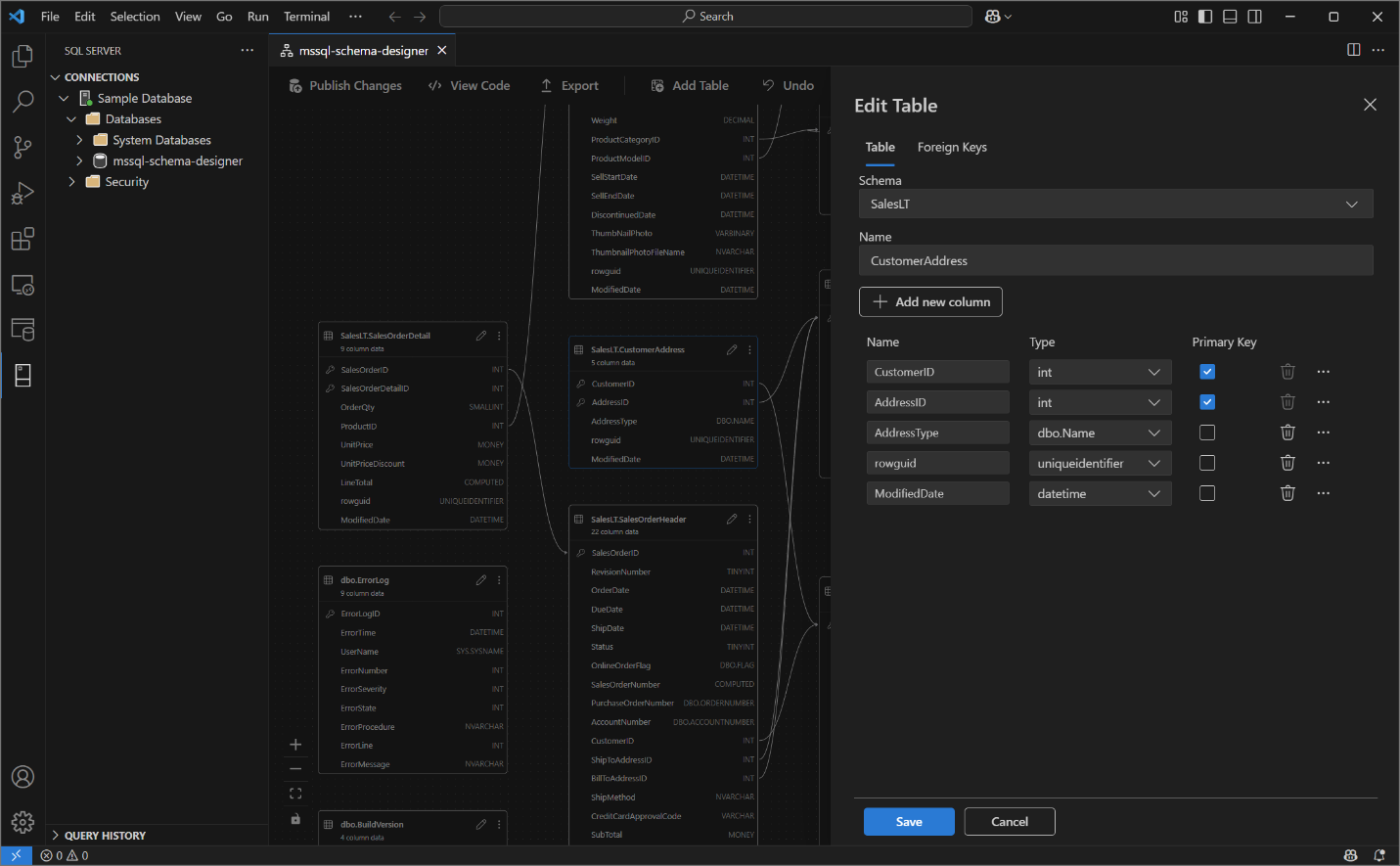 Screenshot of the table editor panel for adding or modifying table details in the Schema Designer.