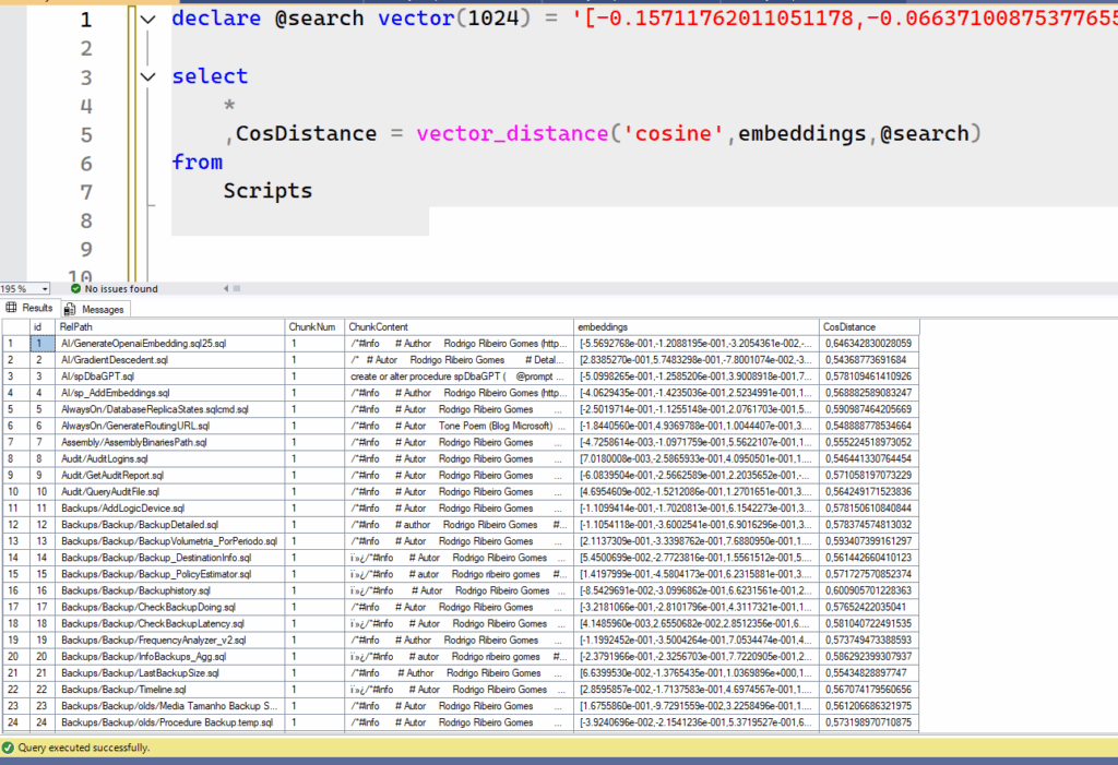 SQL Server vector search query returning results from Scripts table. Displays script results with columns like id, relative path, script content, etc.