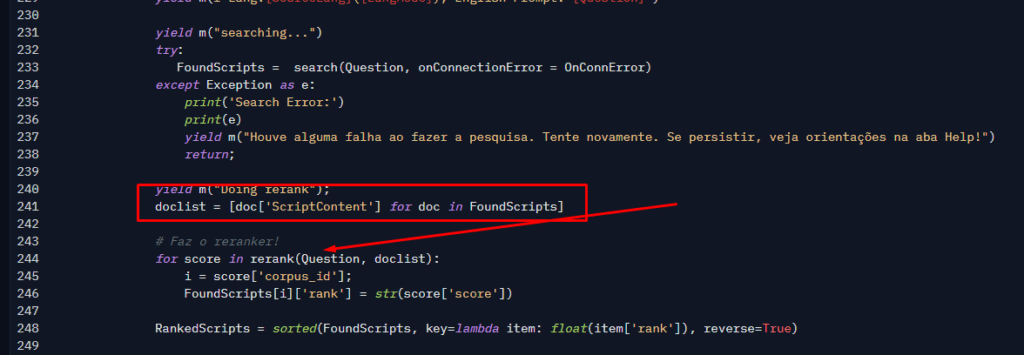 Python code snippet showing rerank logic. It creates a doclist from ScriptContent fields of FoundScripts, then loops through a rerank function to assign ranks to documents, sorting results by rank score.