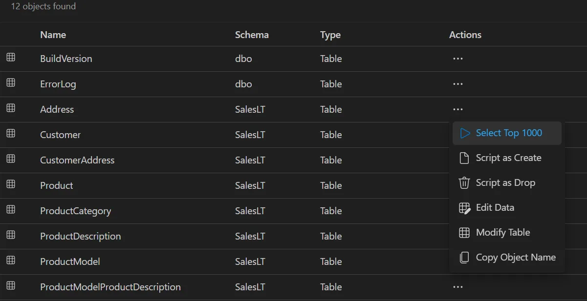 database object search actions image