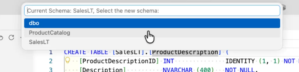 Schema options when refactoring an object in VS Code SQL projects
