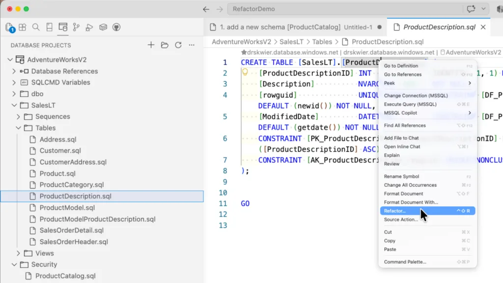 VS Code mssql editor with context menu open and Refactor option selected