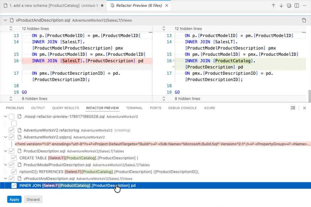 Preview of a refactor operation in VS Code SQL projects