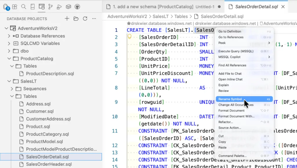 VS Code SQL projects text editor with context menu open on an object name