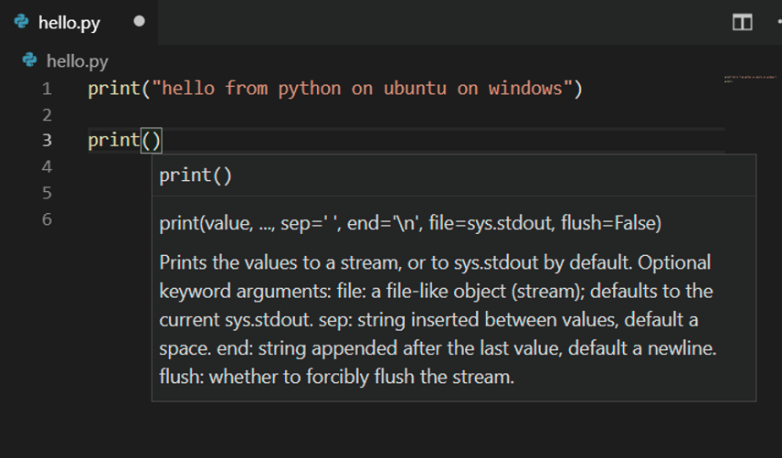 The VSCode IDE showing Python intellisense in VS code remote