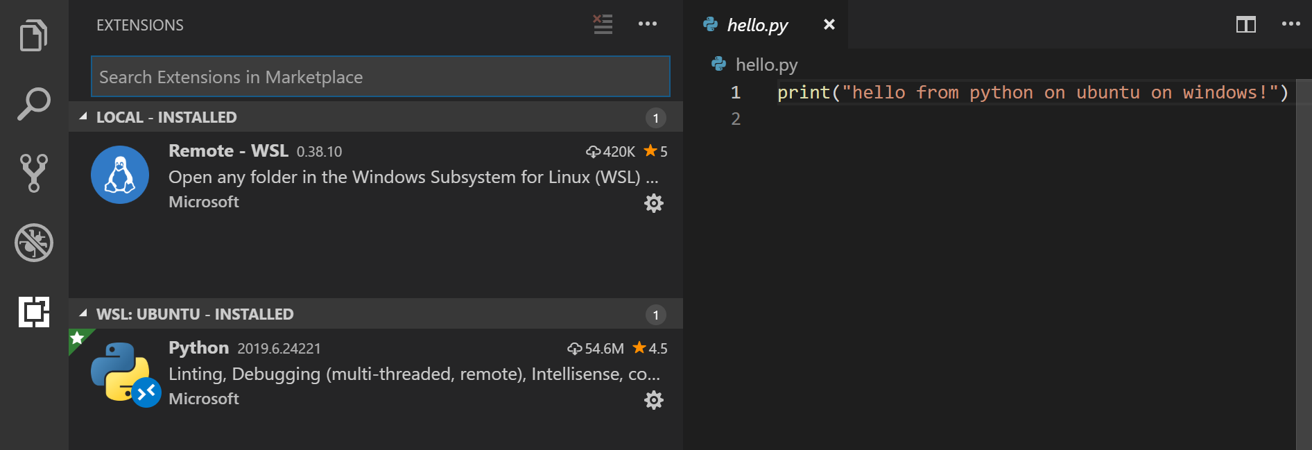 The extensions installed in WSL in VSCode Remote