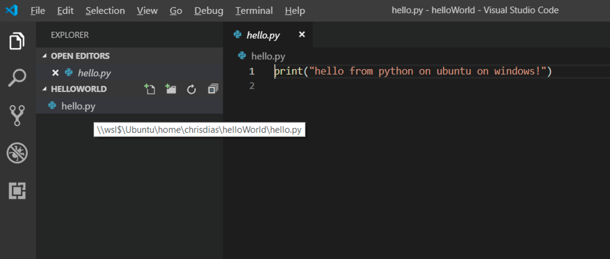 The VSCode IDE navigated to the WSL mount location