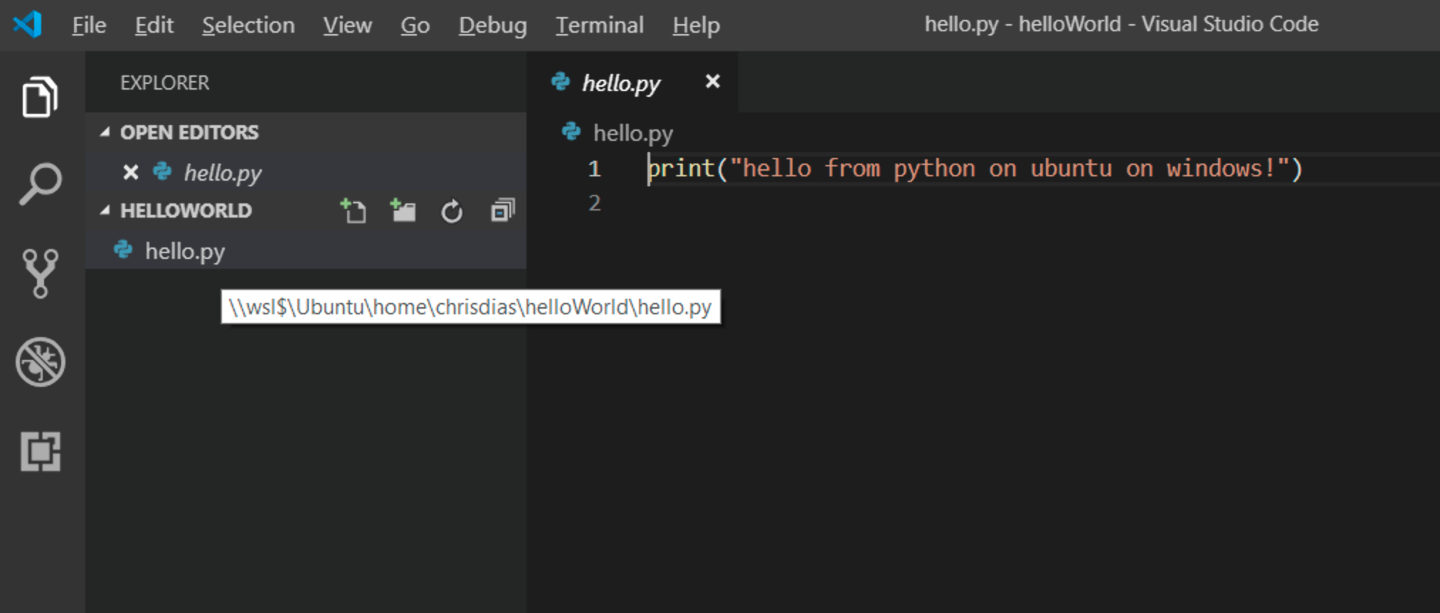 hello world in python in visual studio