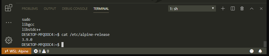 The alpine distro running in VS Code remote
