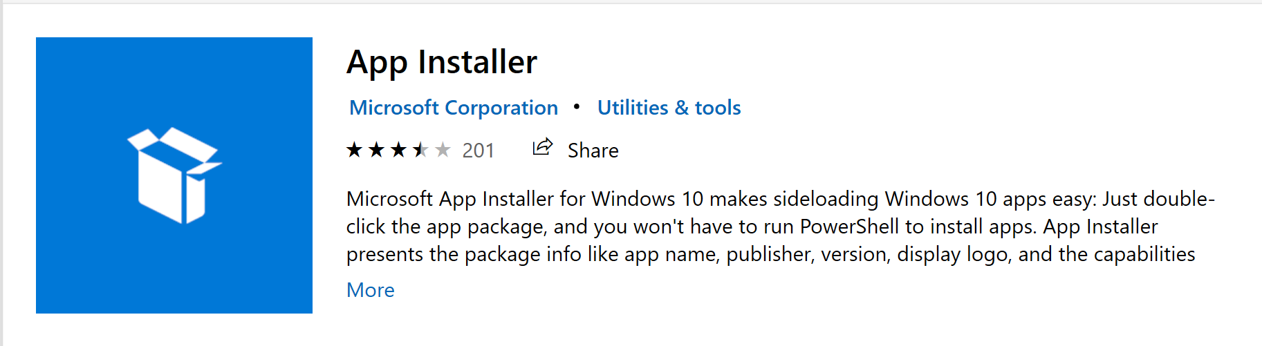 A screenshot the App Installer distributed from the Microsoft Store.