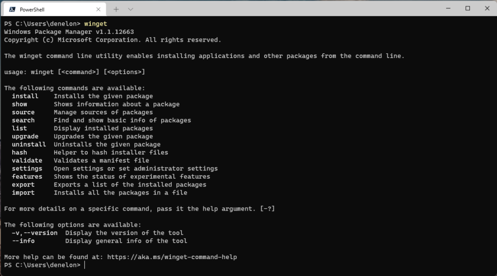 Running `winget` in Windows Terminal displays the Windows Package Manager version and the help text for commands.