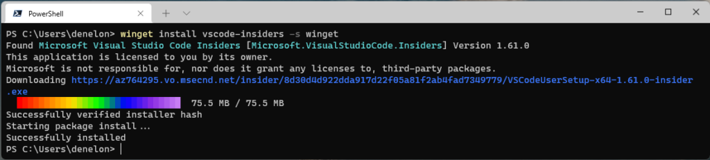 Running `winget install vscode-insiders -s winget` in Windows Terminal installs the Visual Studio Code Insider package from the default Windows Package Manager “winget” source.