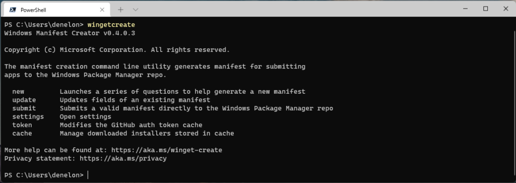Running `wingetcreate` in Windows Terminal displays the Windows Package Manager Manifest Creator version and the help for commands.