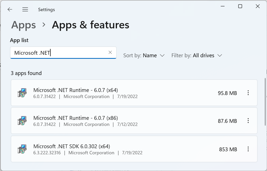 AppsAndFeatures filtered on Microsoft.NET