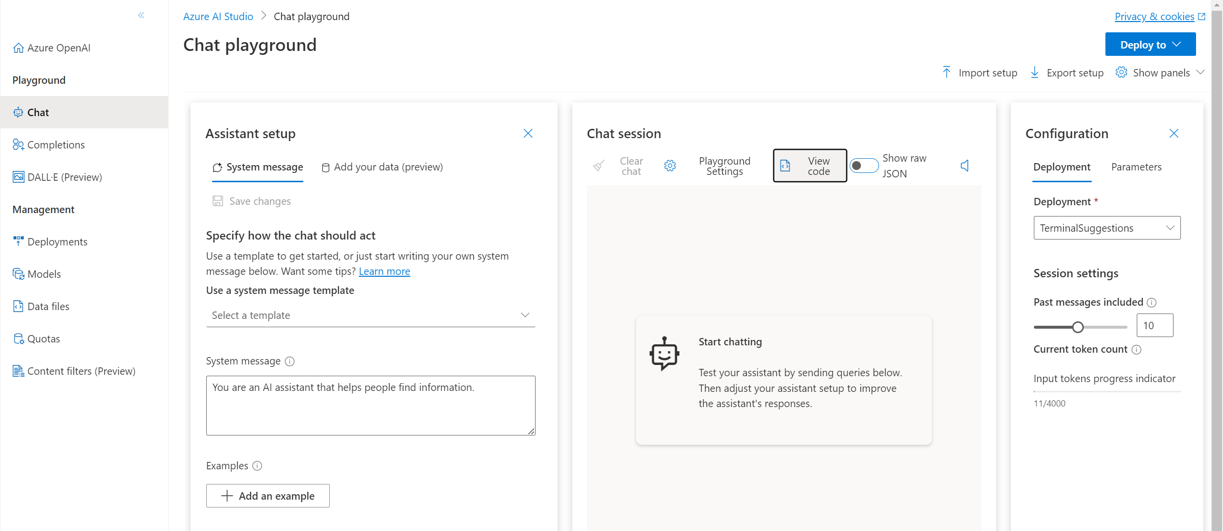 Azure OpenAI Service Chat Playground with the View Code button circled