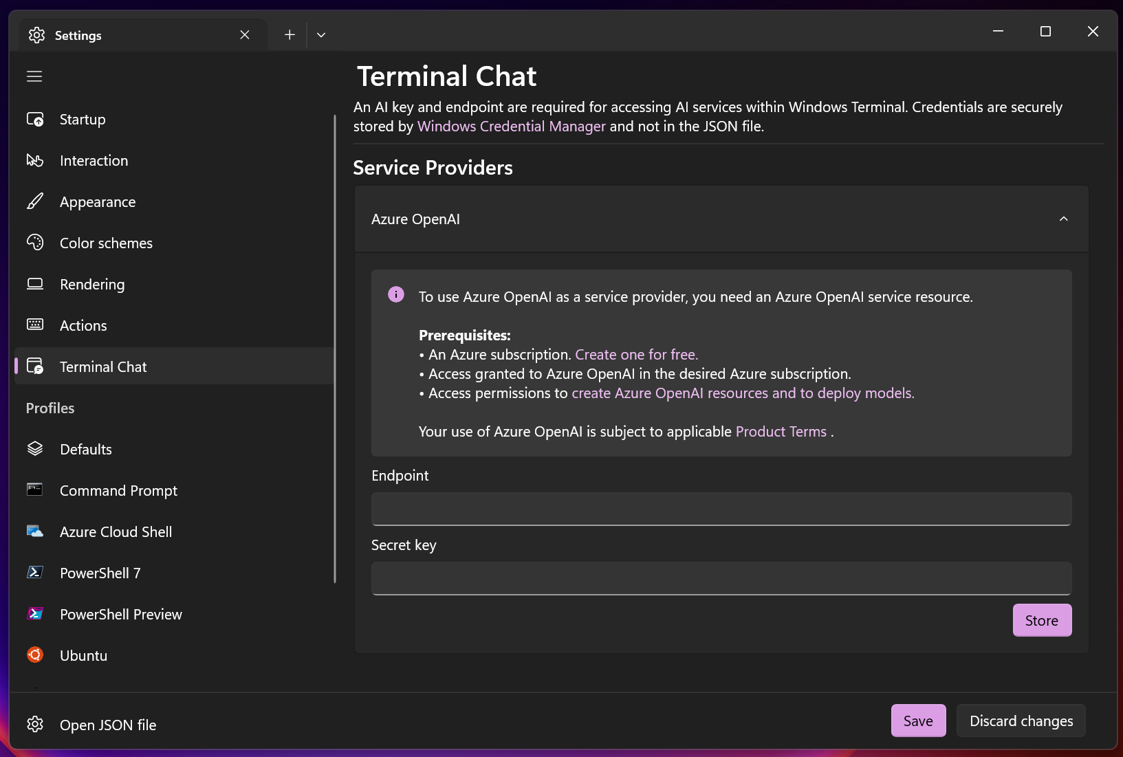 Terminal Chat Settings in Windows Terminal Canary