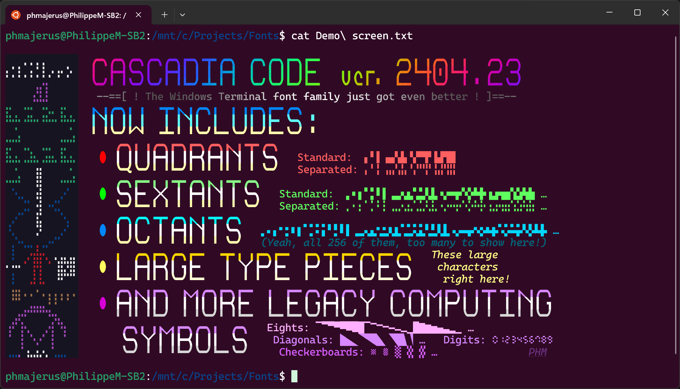 Demo screen (2xDPI) for Cascadia Code 2404.23
