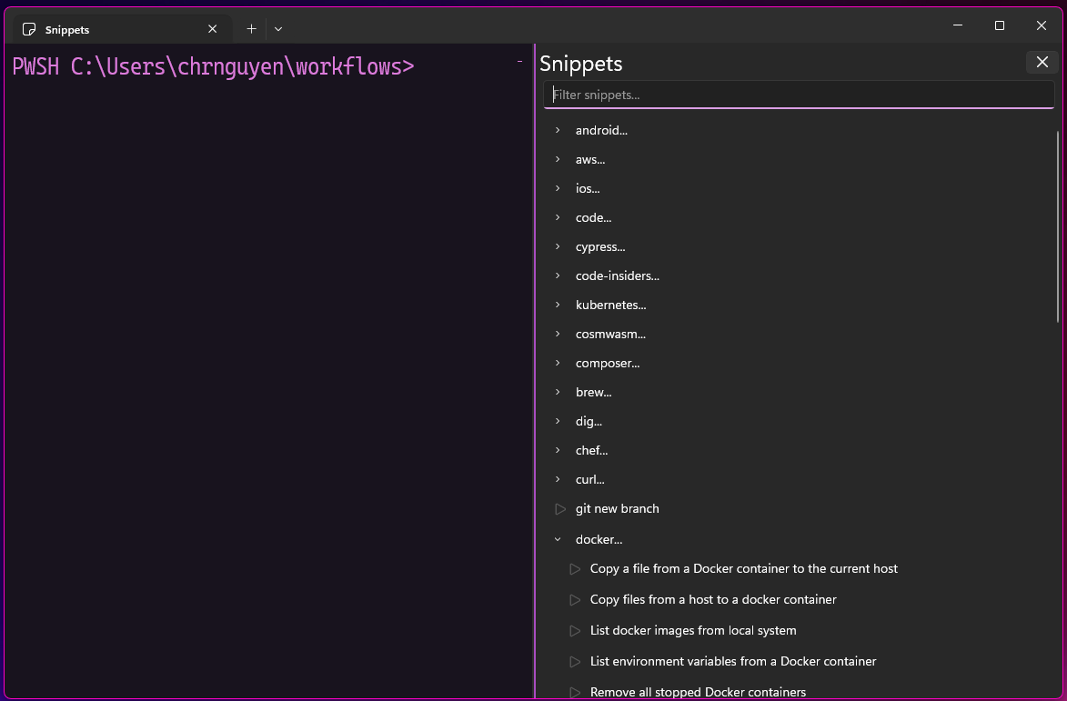 Snippets Pane with Snippets from Commands.dev