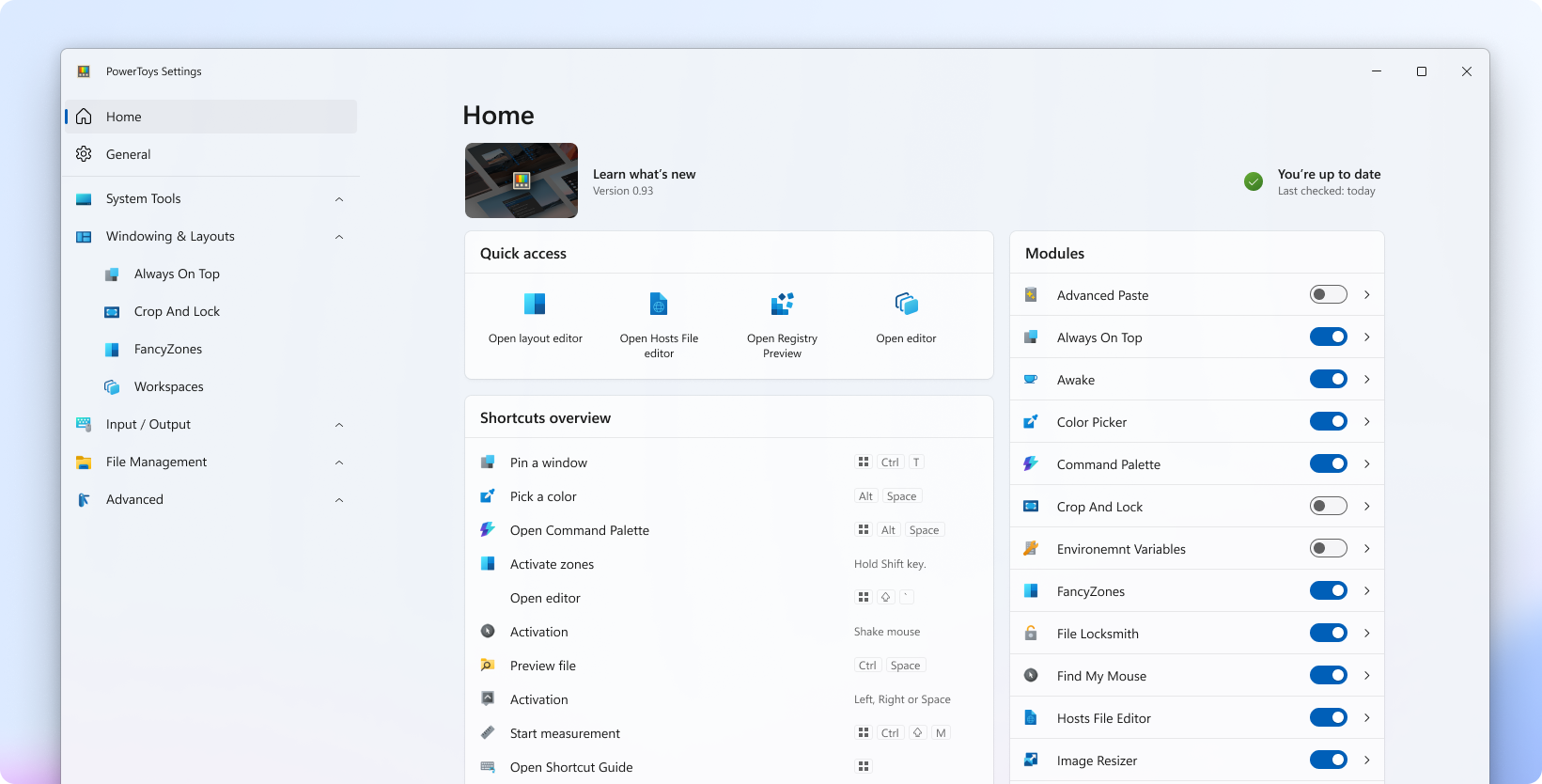 Screenshot of the new PowerToys Settings dashboard
