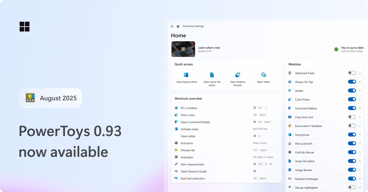 Hero image of the new PowerToys 0.93 release