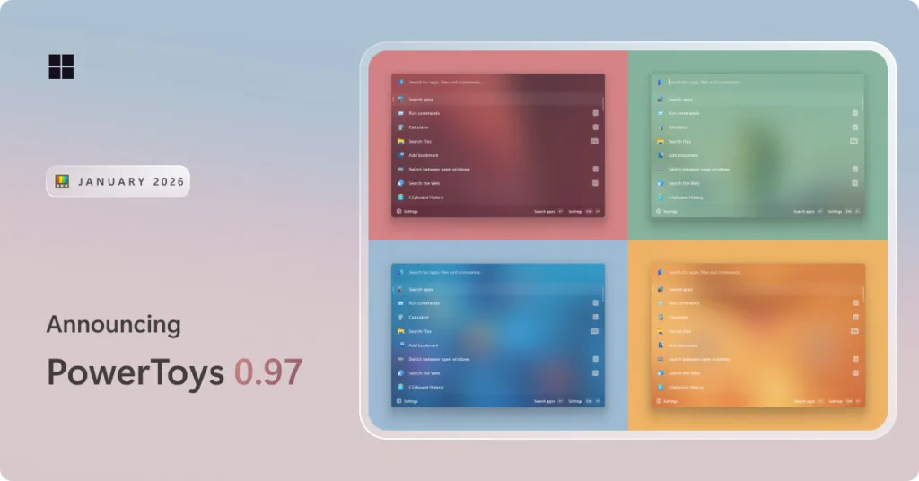 Image with screenshots of Command Palette and a 'Announcing PowerToys 0.97' text label