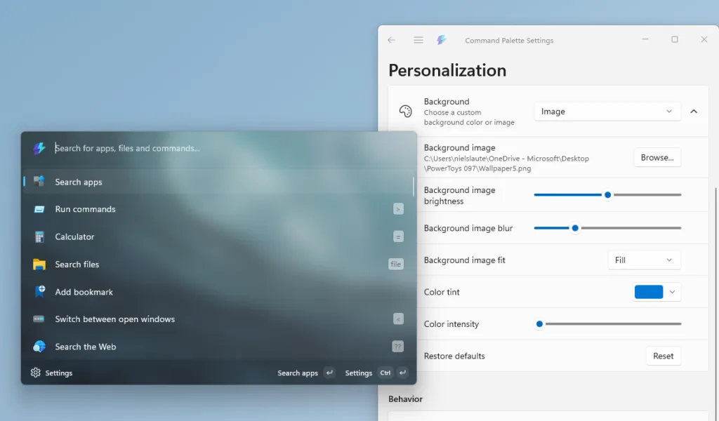 Screenshot of the new Personalization page for Command Palette