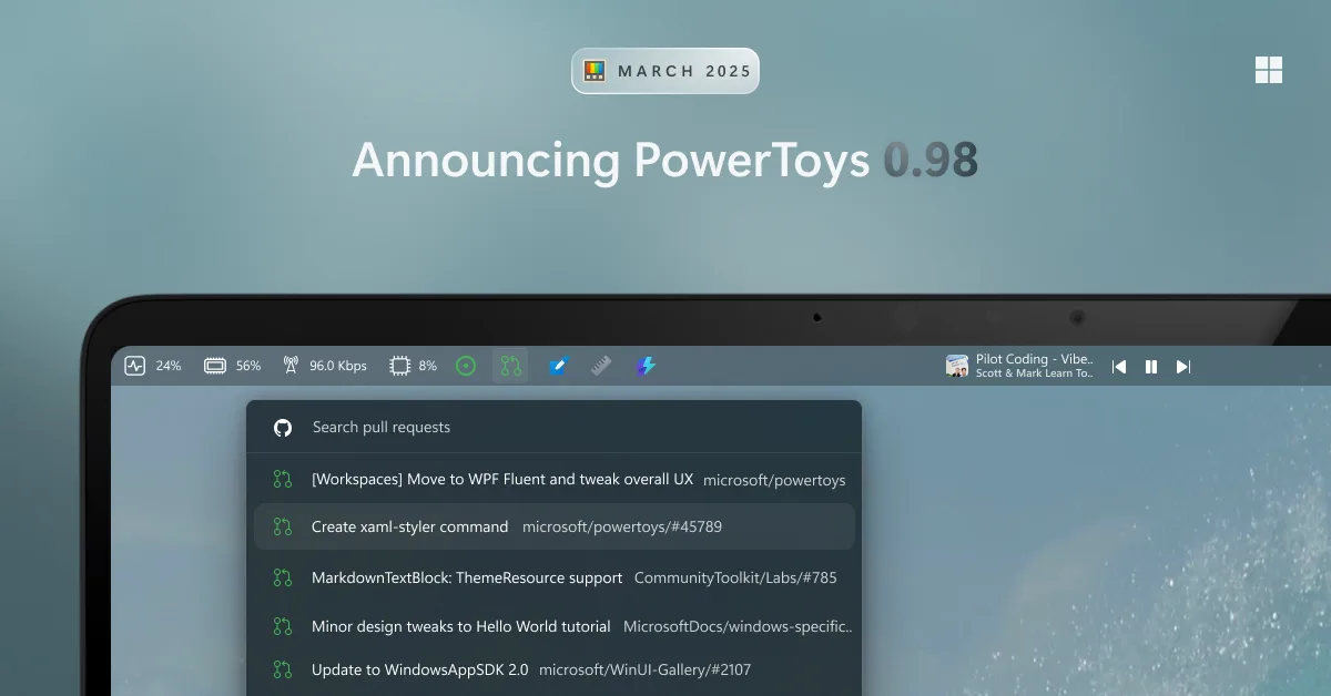 Hero image with the text Announcing PowerToys 0.98