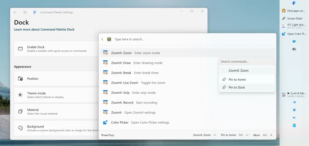 Image of a right-aligned Dock with the Settings app open
