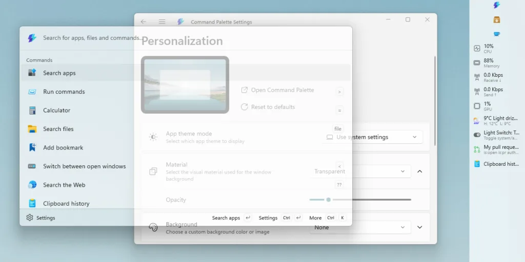 Screenshot of a semi-transparent Command Palette window