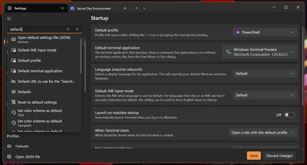 Windows Terminal displaying a search bar in the Settings UI; the query is populated with "default" and results are present.