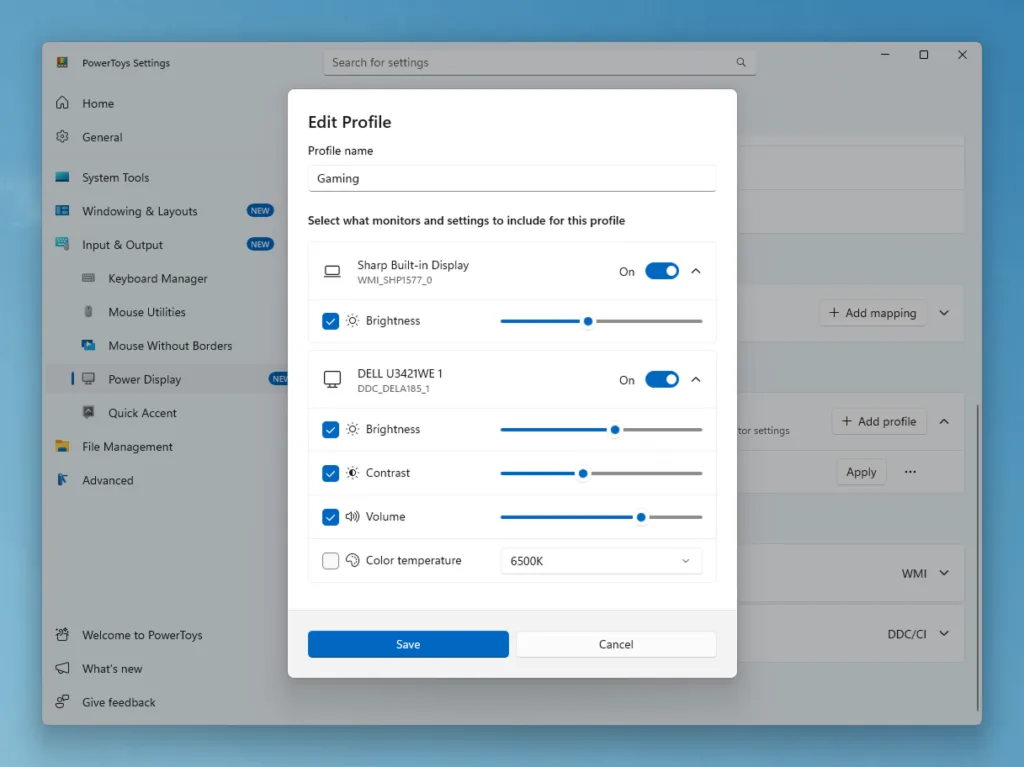 A screenshot of a dialog that allows for creating monitor profiles