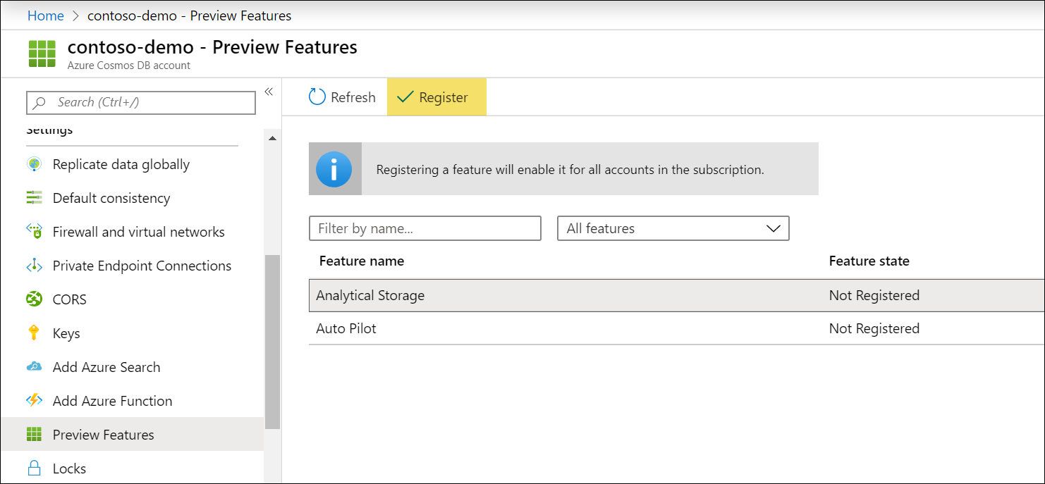 Enable analytical storage preview in Preview Features blade