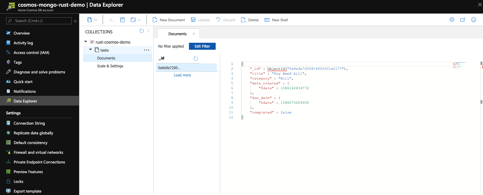 Azure data explorer screen with Azure Cosmos DB content