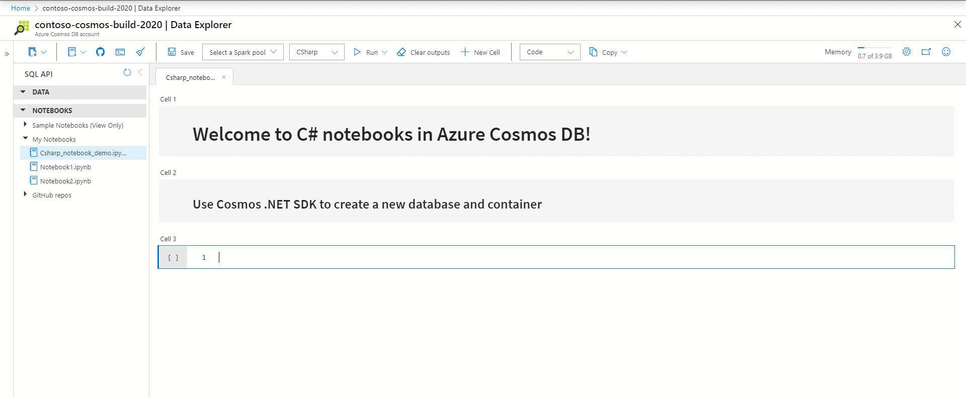 Use built-in Azure Cosmos DB .NET SDK in C# notebooks to create Cosmos database/container