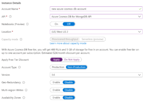 Image of process of creating Cosmos DB Account