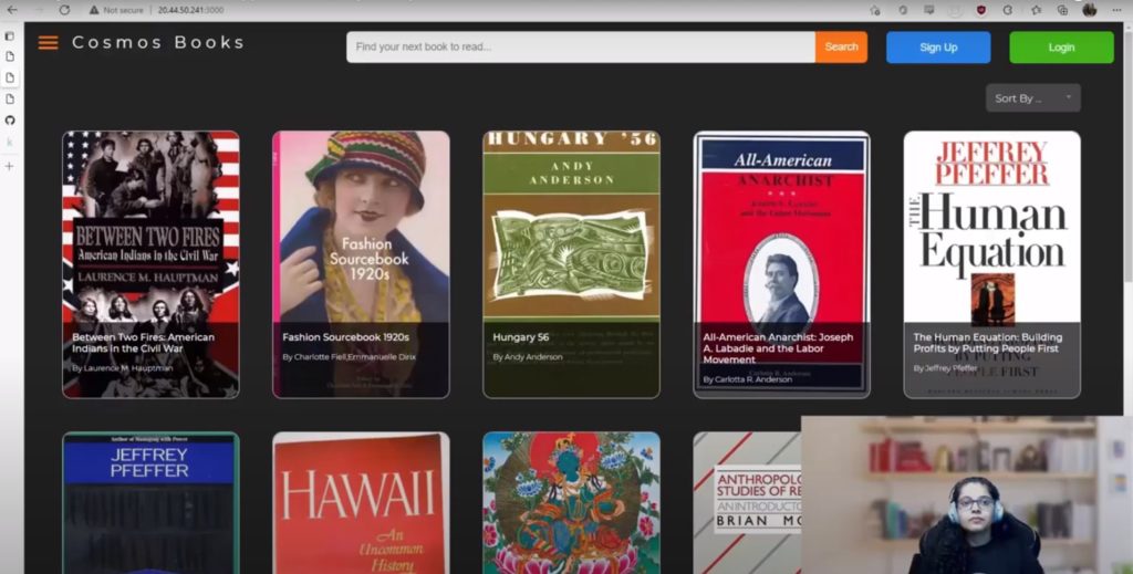 screenshot of the Cosmos Books demo application showing seven book covers in two rows