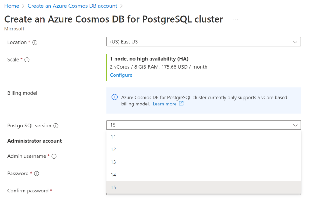 Azure Portal: Create an Azure Cosmos DB for PostgreSQL cluster
