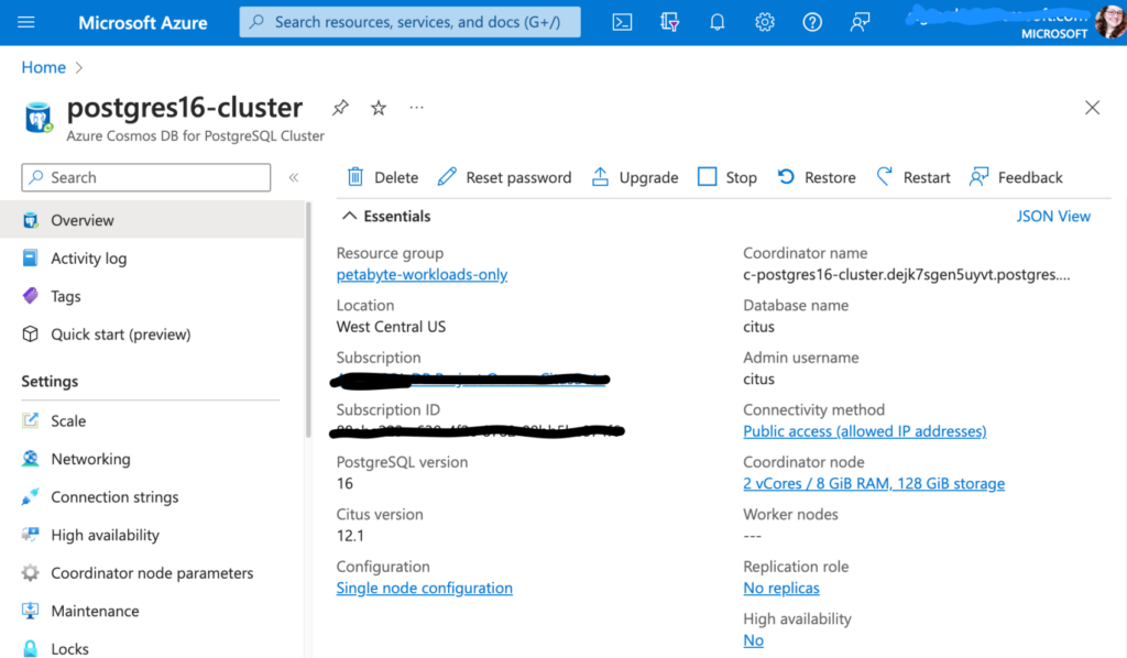 Figure 1: Screenshot from the Azure portal of an Azure Cosmos DB for PostgreSQL cluster running PostgreSQL 16 (and powered by Citus 12.1.)