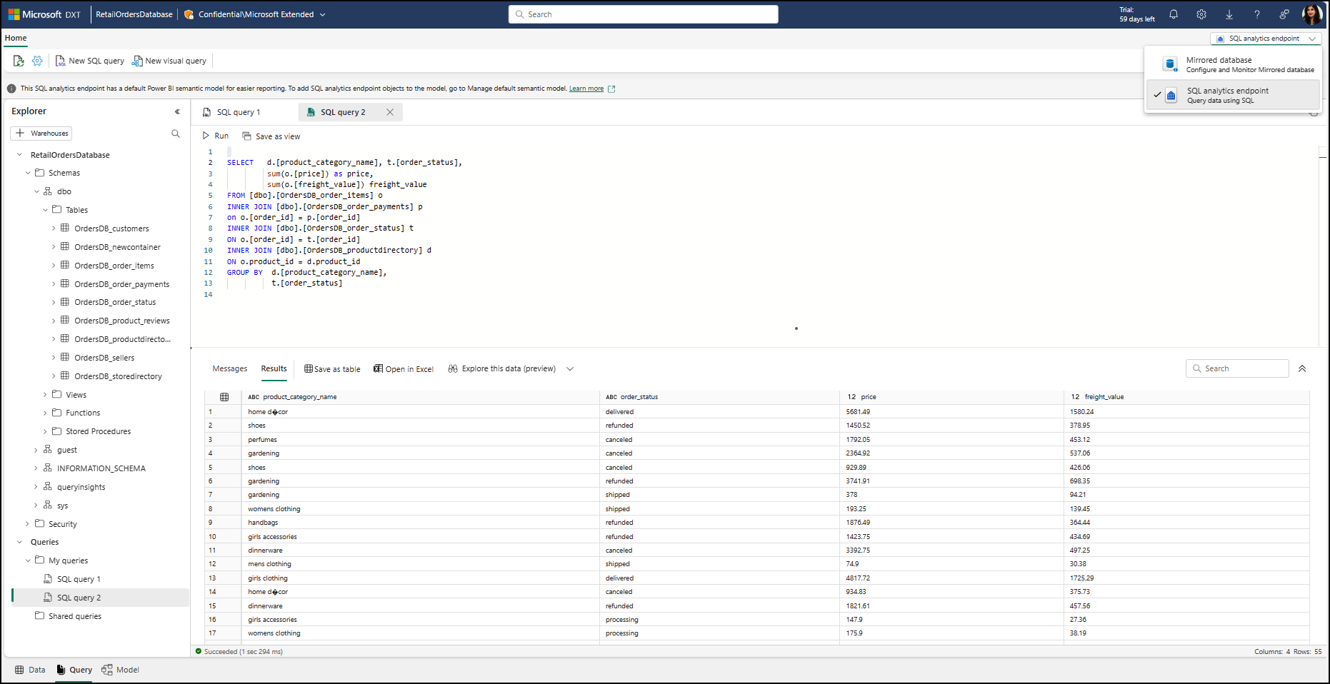 Screenshot of analyzing Azure Cosmos DB across containers in Fabric, using SQL endpoint of mirrored database. 