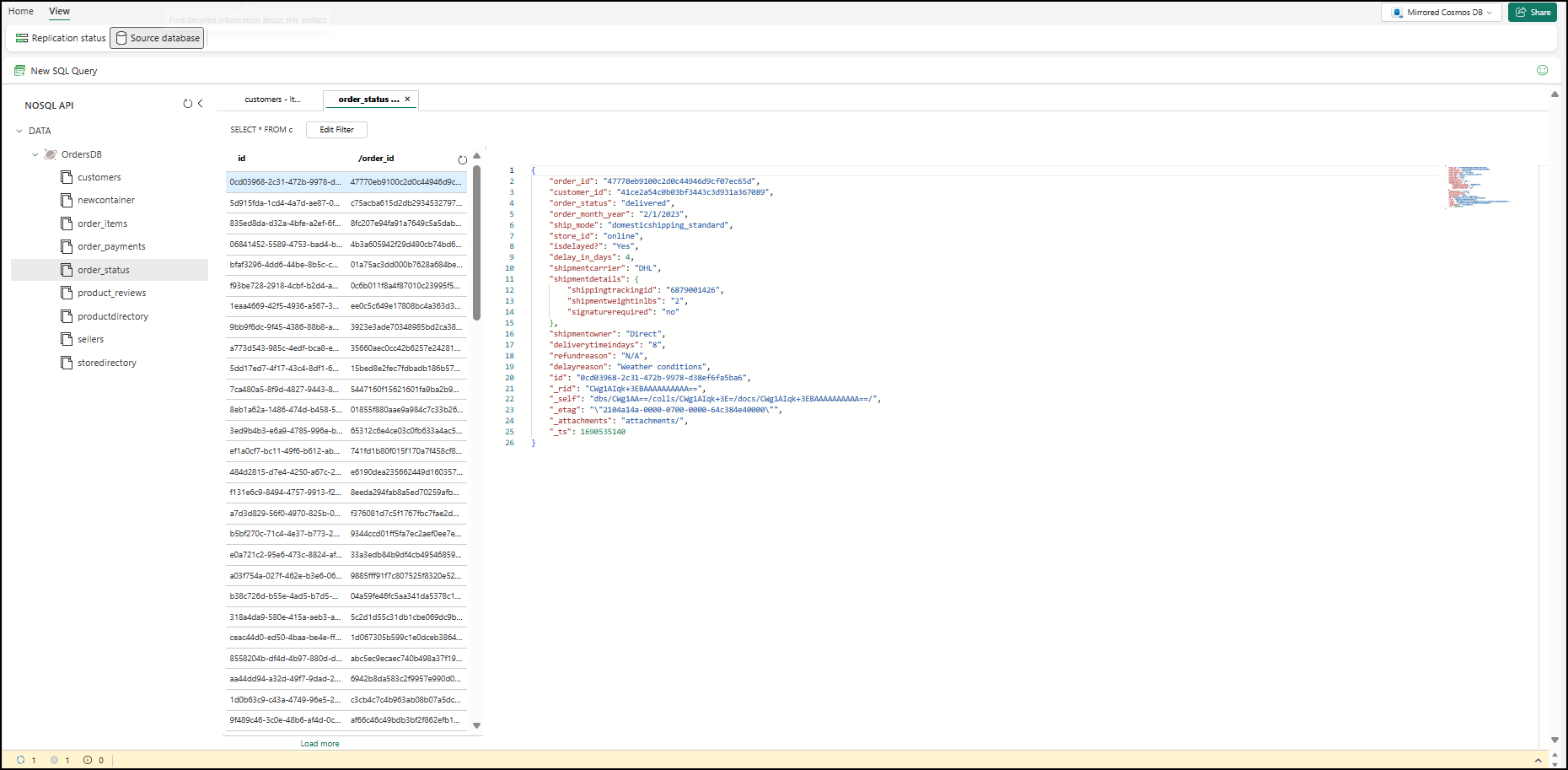 Screenshot of read-only view of source Azure Cosmos DB database, using Azure Cosmos DB data explorer. 
