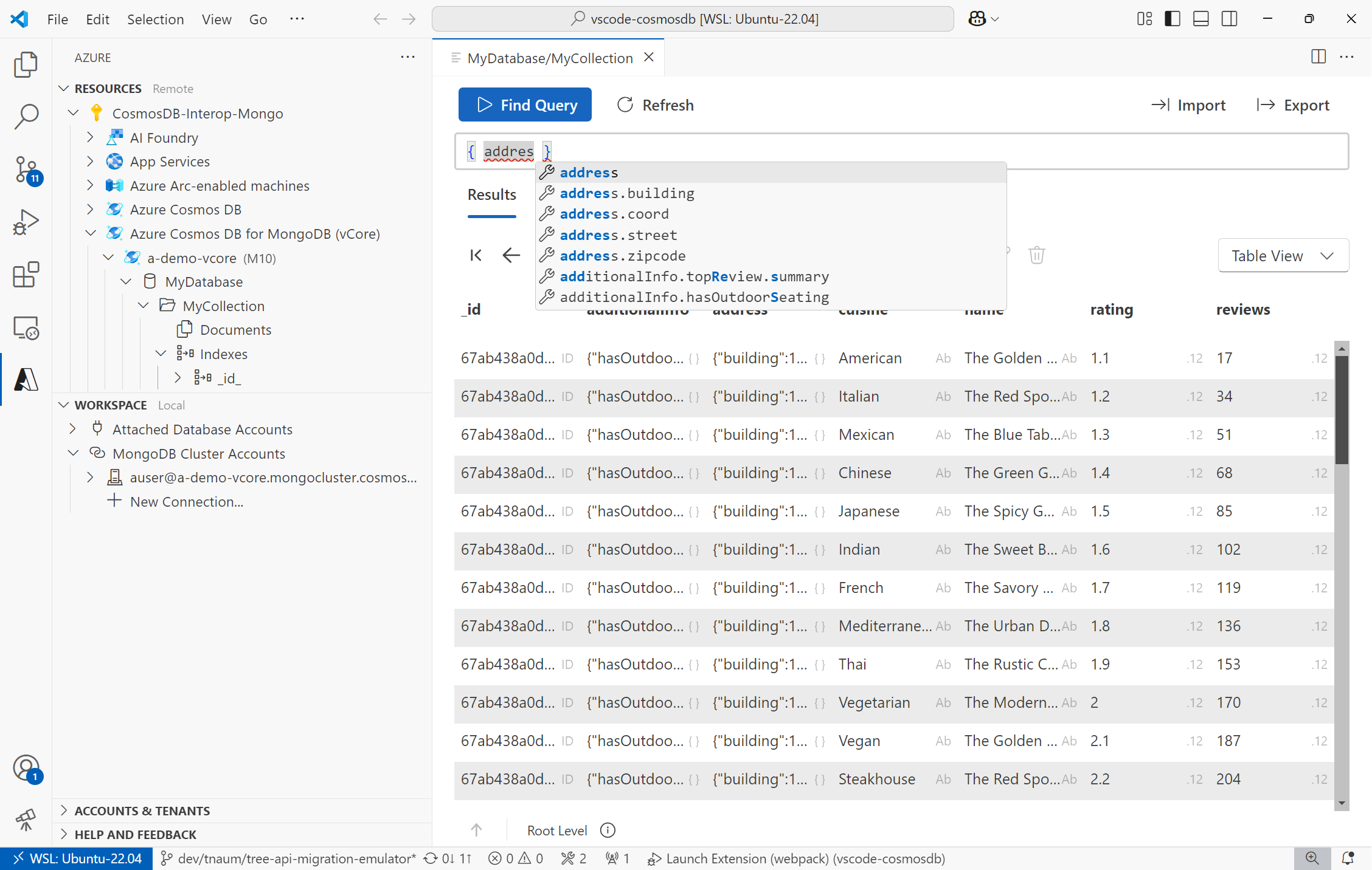 A screenshot of Azure Databases VS Code Extension showing a collection view