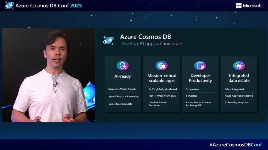 A man speaking with a slide about Azure Cosmos DB next to him. Kirill Gavrylyuk