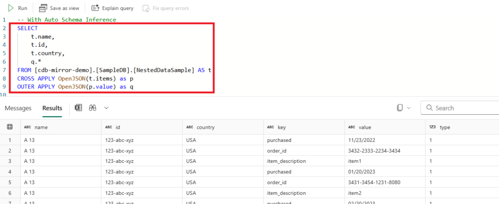 Auto schema Inference example in SQL Analytics Endpoint in Fabric