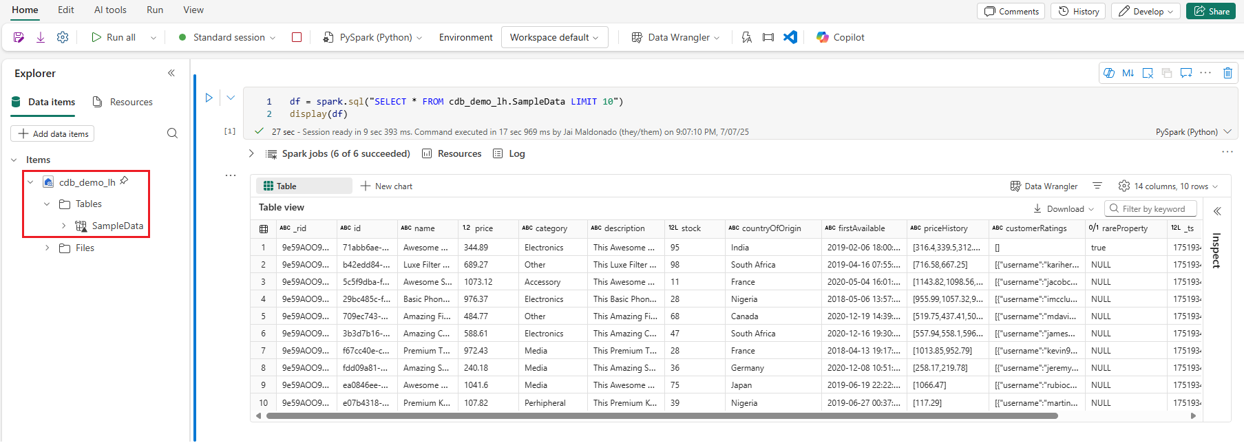 Screenshot shows the ability to run a Spark notebook on top of the data being mirrored to OneLake from the Cosmos DB artifact.