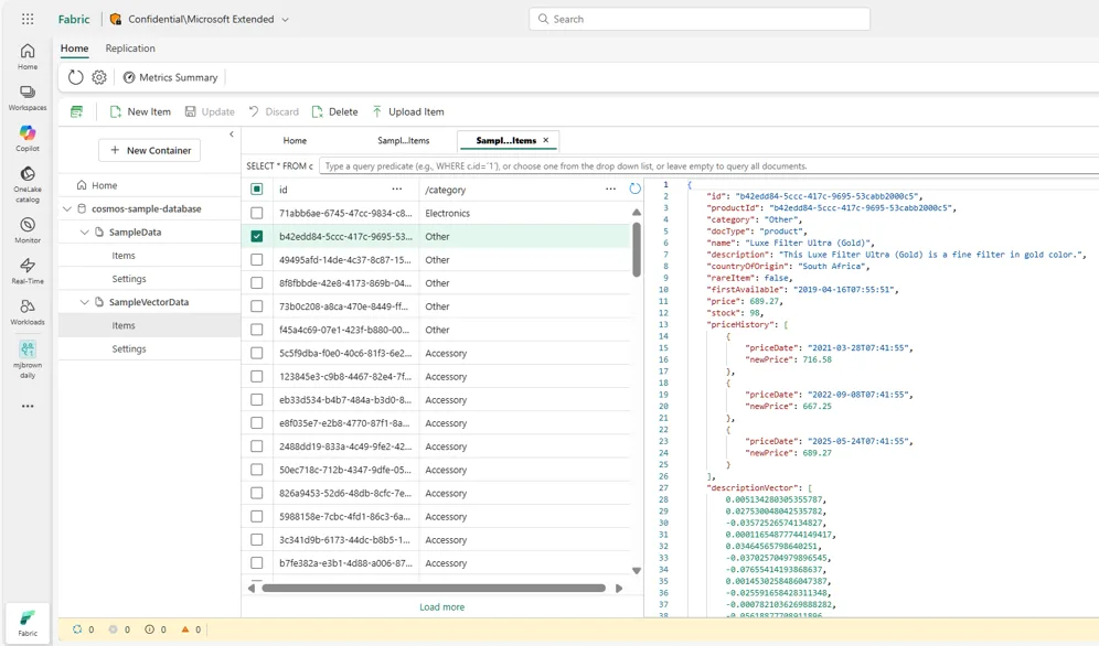 Cosmos DB in Fabric Data Explorer interface
