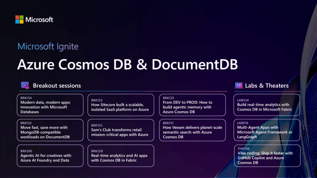 Azure Cosmos DB and DocumentDB sessions at Microsoft Ignite.