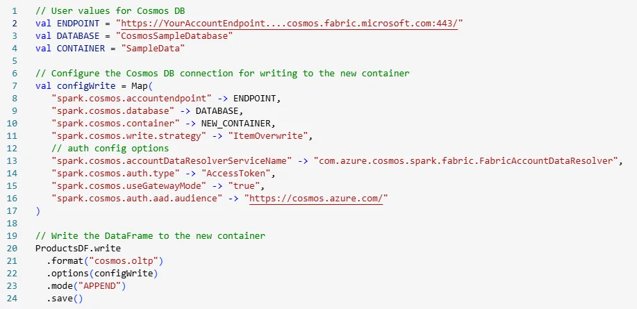 Spark notebook showing how to configure Cosmos DB to write back data to a container for reverse ETL.