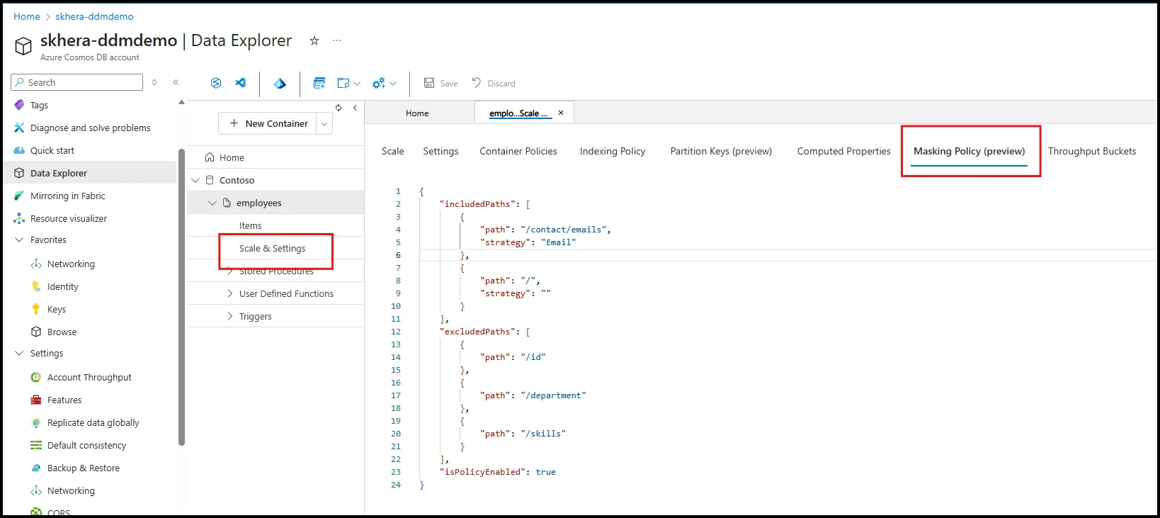 Applying a masking policy at the container level, specifying which fields to mask and which masking strategies to use.