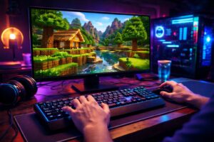 First-person view of a gamer at a PC, hands on a keyboard and mouse, playing a colorful blocky, cubic game world on a widescreen monitor with a glowing RGB gaming setup.