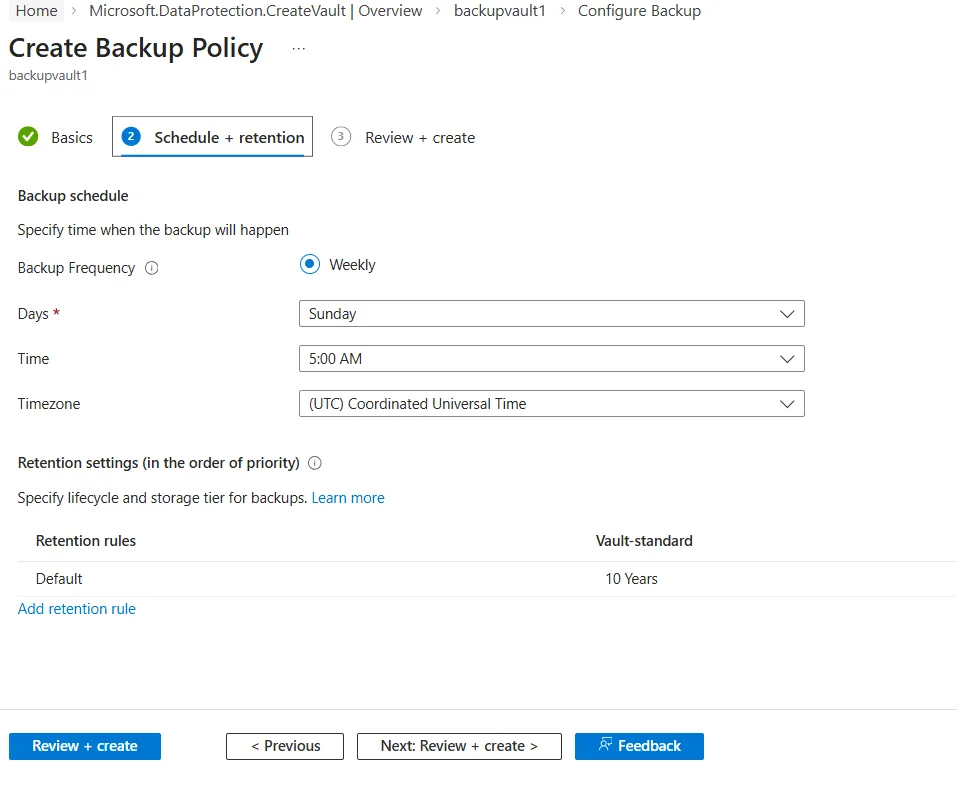 You can define policies to capture the date and time when to take the LTR backup, as well as the storage resilience and retention time